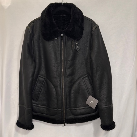 Aquatalia Mens 52 Black Shearling Leather Jacket NWT BoxD